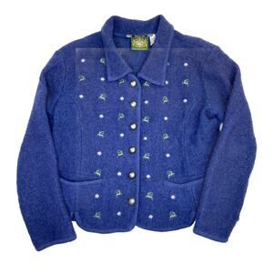 Hammerschmid 100% Wool Blue Cardigan Women’s Medium Christmas Floral